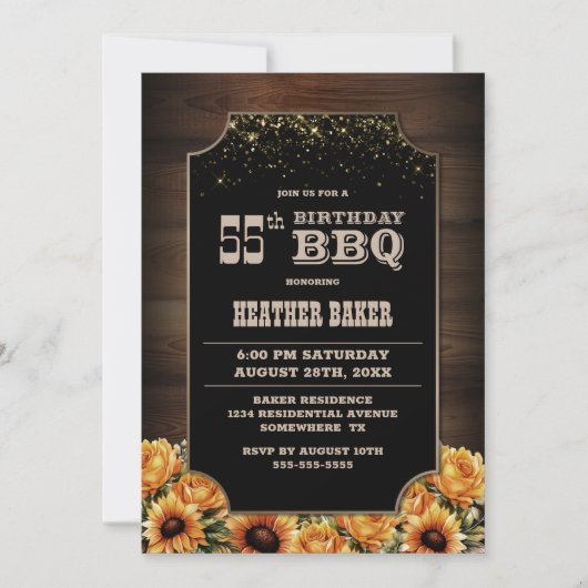 Rustiek Hout Bloemen 55e Verjaardag BBQ Kaart (Voorkant)