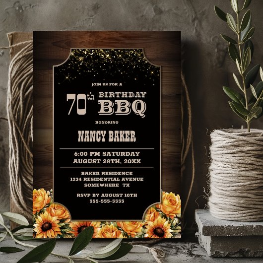 Rustiek Hout Bloemen 70e Verjaardag BBQ Kaart