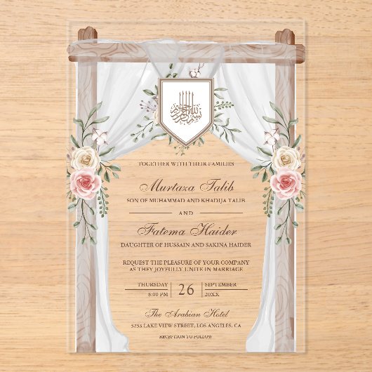 Rustiek Hout Bloemen Bladerdak Islamitische Moslim Acryl Uitnodigingen (Voorkant)