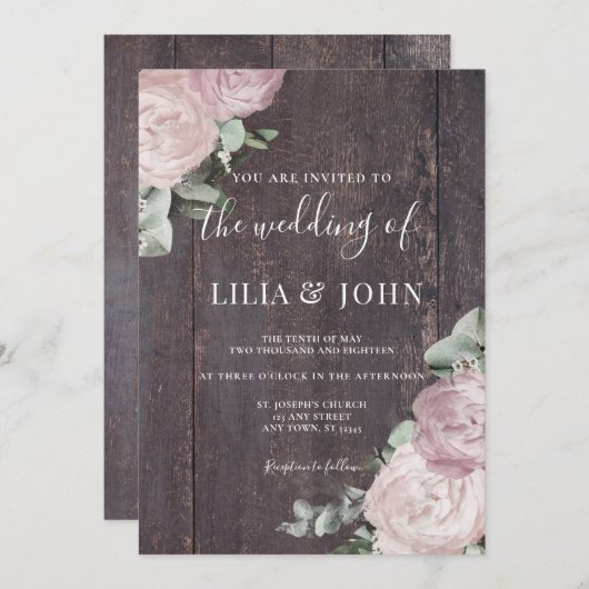 Rustiek Hout Bloemen Blush Dusty Roos Wedding Kaart (Voorkant / Achterkant)
