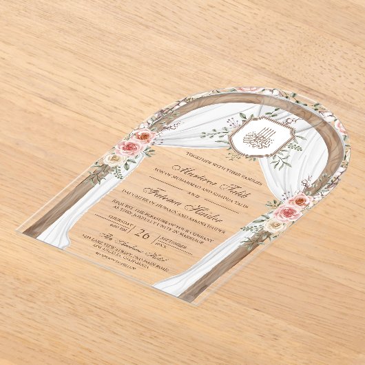 Rustiek Hout Bloemen Boog Islamitische Moslim Huwe Acryl Uitnodigingen (Laagn)