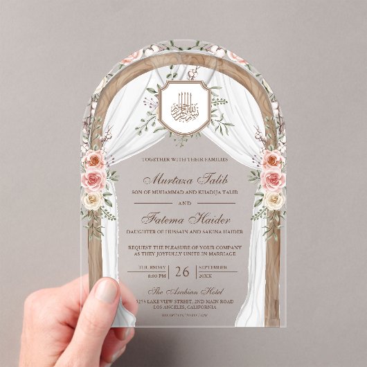 Rustiek Hout Bloemen Boog Islamitische Moslim Huwe Acryl Uitnodigingen (Insitu (Draagbaar))