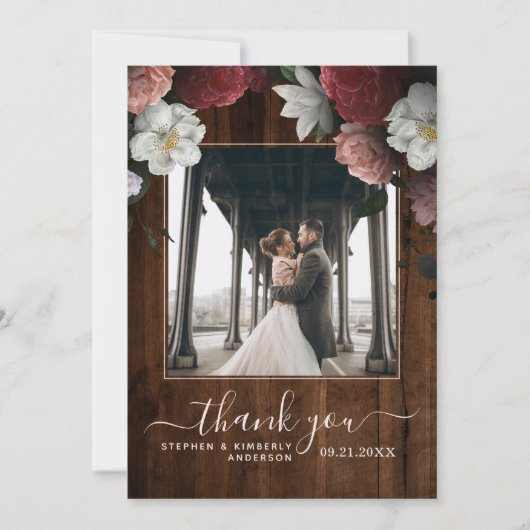 Rustiek Hout Bloemen Bourgondië Roze  Foto Bedankkaart (Voorkant)