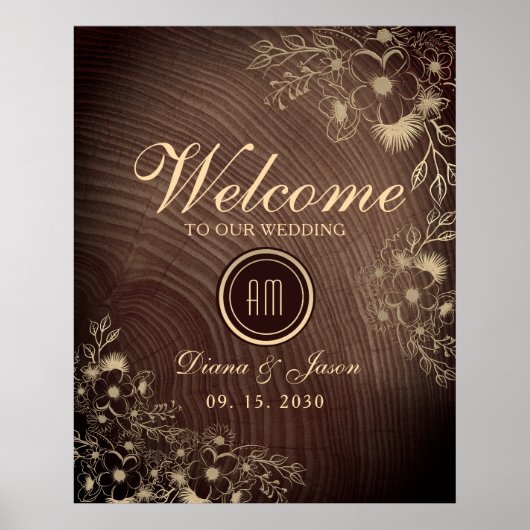 Rustiek Hout Bloemen Bruiloft Welkom Poster (Voorkant)