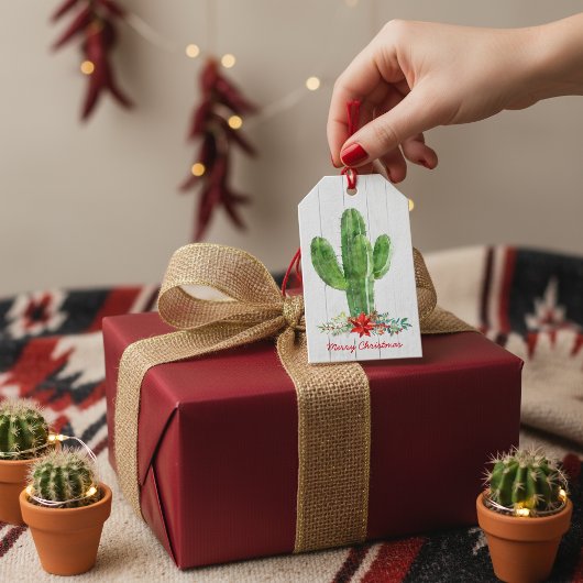 Rustiek hout bloemen cactus kerst cadeaulabel