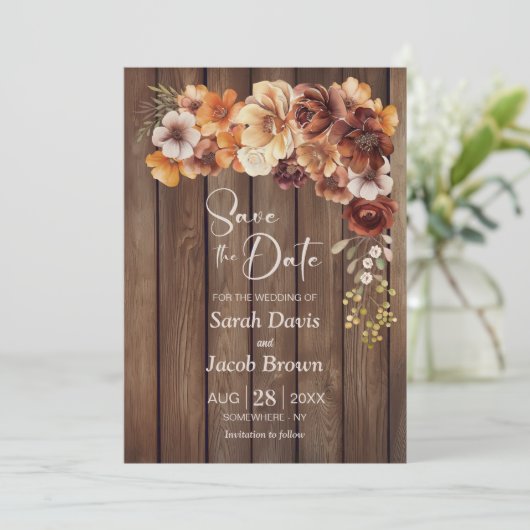Rustiek Hout Bloemen Huwelijk Save The Date Kaart (Staand voorkant)