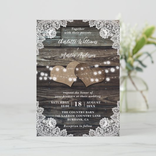 Rustiek Hout Bloemen Kant Burlap Hearts Wedding Kaart (Staand voorkant)