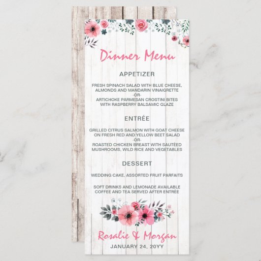 Rustiek Hout Bloemen Land Bruiloft Diner Menu (Voorkant / Achterkant)