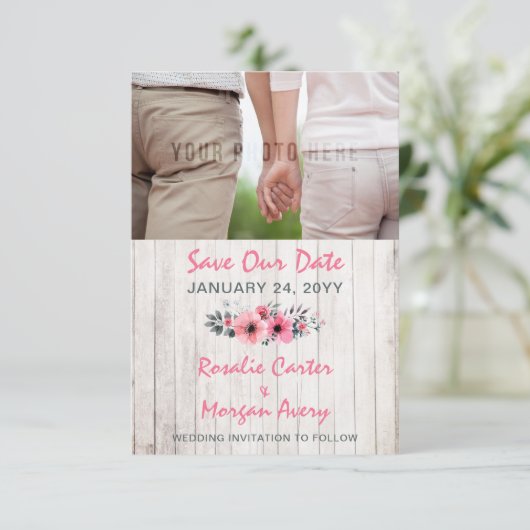Rustiek Hout Bloemen Land Bruiloft Save The Date (Staand voorkant)