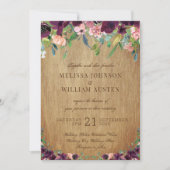 Rustiek Hout Bloemen Marsala Bruiloft Kaart (Voorkant)