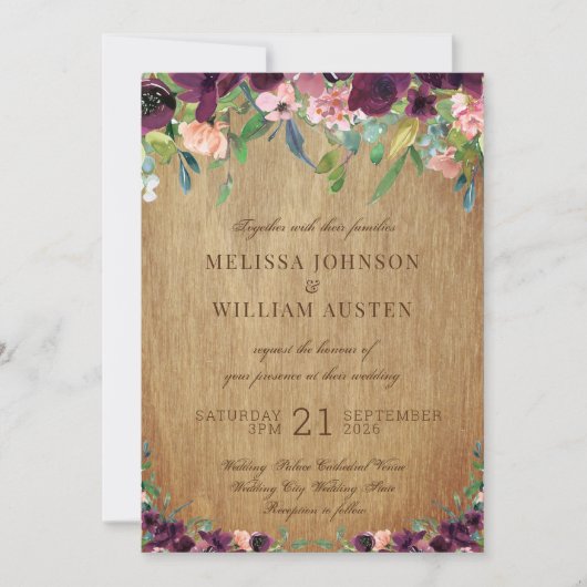 Rustiek Hout Bloemen Marsala Bruiloft Kaart (Voorkant)