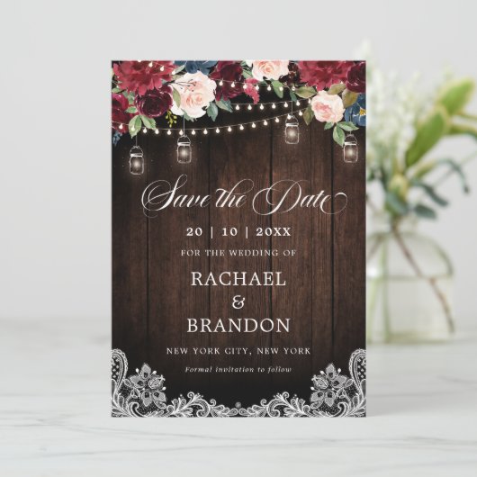 Rustiek Hout Bloemen Mason Jar Save the Date (Staand voorkant)