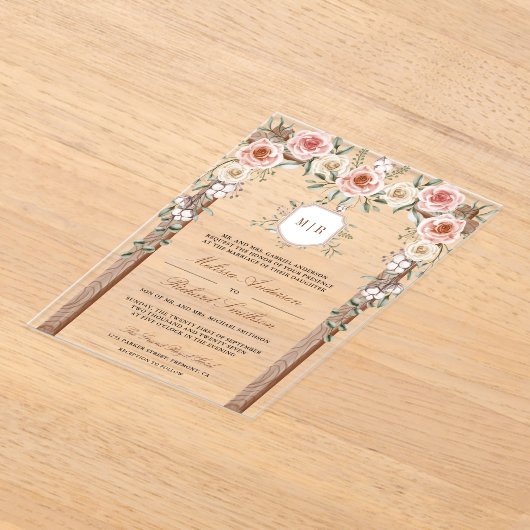 Rustiek Hout Bloemen Monogram Crest Canopy Wedding Acryl Uitnodigingen (Laagn)