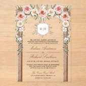 Rustiek Hout Bloemen Monogram Crest Canopy Wedding Acryl Uitnodigingen (Voorkant)