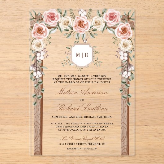 Rustiek Hout Bloemen Monogram Crest Canopy Wedding Acryl Uitnodigingen (Voorkant)