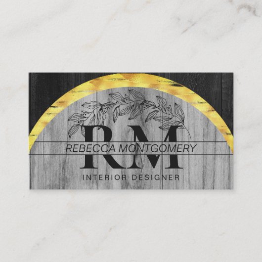 Rustiek Hout Bloemen Monogram Goud Visitekaartje (Voorkant)