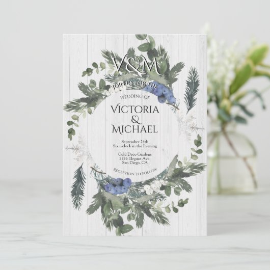 Rustiek Hout Bloemen & Pine Winter Wedding Kaart (Staand voorkant)