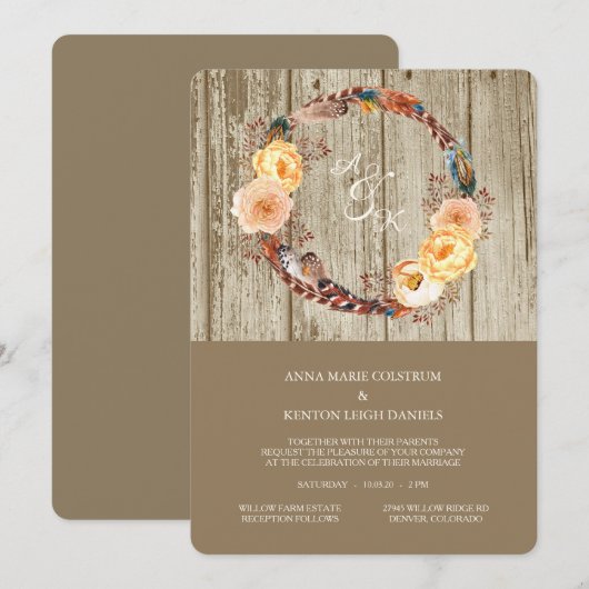 Rustiek Hout Bloemen Veer Krans Trouwen Kaart (Voorkant / Achterkant)