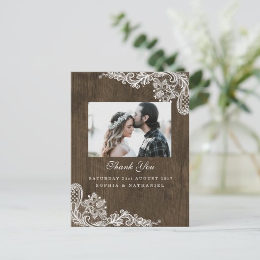 Rustiek Hout & Bloemen Witte Kant Elegant Dank u Briefkaart (Staand voorkant)