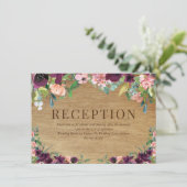 Rustiek hout bloemenbordeaux bruiloft receptie informatiekaartje (Staand voorkant)