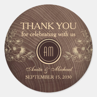 Rustiek hout bloemenbruiloft dank u ronde sticker