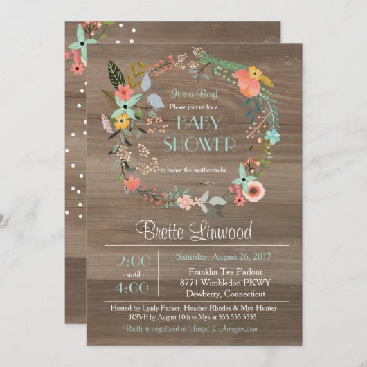 Rustiek Hout, Bloemenkrans Baby shower Kaart (Voorkant / Achterkant)