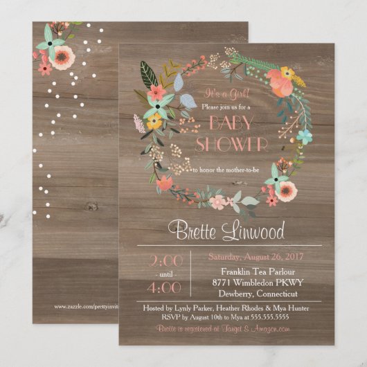 Rustiek Hout, Bloemenkrans Shabby Chic Baby shower Kaart (Voorkant / Achterkant)