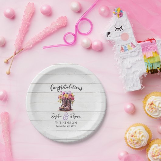 Rustiek Hout & Bloemenlaarzen Land Boerderij Bruil Papieren Bordje (Feest)