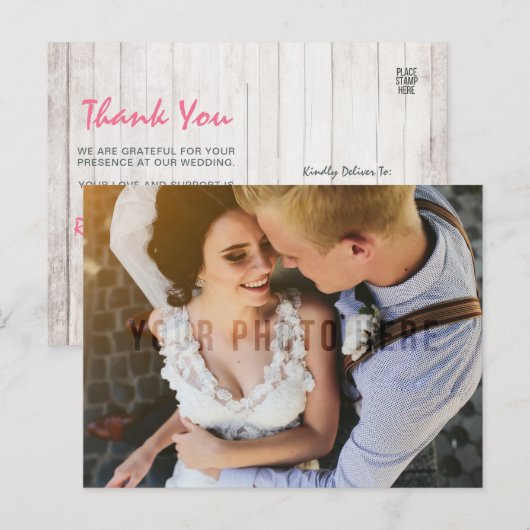 Rustiek hout bloemenland bruiloft dank u foto briefkaart (Voorkant / Achterkant)