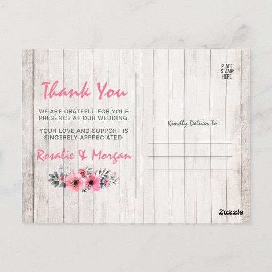 Rustiek hout bloemenland bruiloft dank u foto briefkaart (Achterkant)