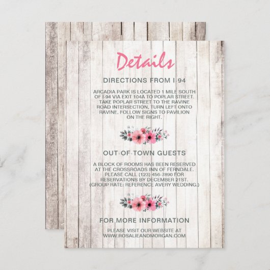 Rustiek hout bloemenland bruiloft details invoegen informatiekaartje (Voorkant / Achterkant)