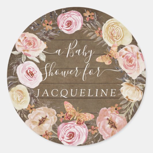 Rustiek hout bloesem krans w vlinders ronde sticker (Voorkant)