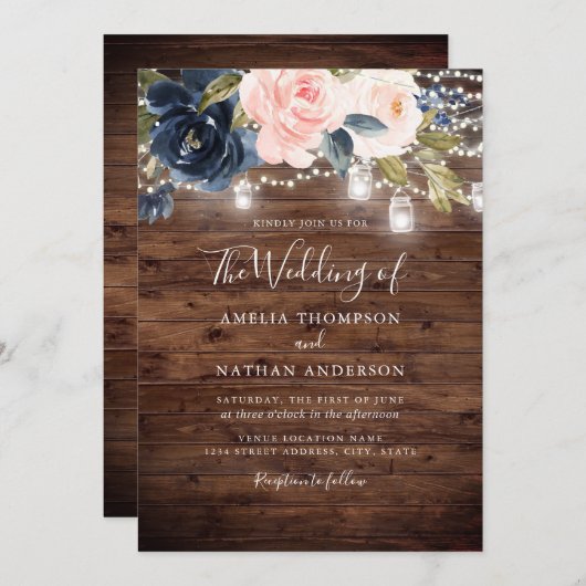 Rustiek Hout Blush Marine Bloemen Lichten Trouwen Kaart (Voorkant / Achterkant)