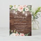 Rustiek Hout Blush Roze Bloemen Lichten Huwelijk Kaart (Staand voorkant)