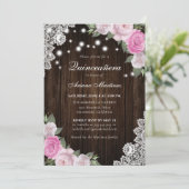 Rustiek Hout Blush Roze Bloemen Quinceañera Kaart (Staand voorkant)