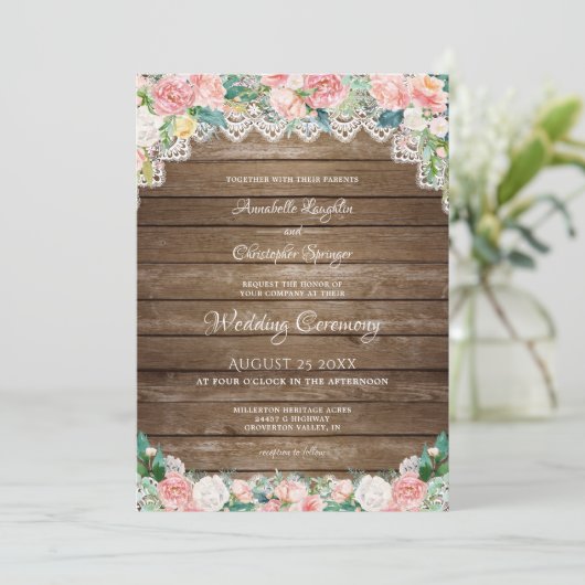 Rustiek hout Blush roze bloemig en kant bruiloft Kaart (Staand voorkant)