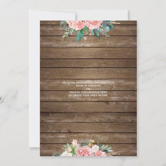 Rustiek hout Blush roze bloemig en kant bruiloft Kaart (Achterkant)