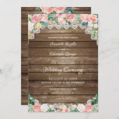 Rustiek hout Blush roze bloemig en kant bruiloft Kaart (Voorkant / Achterkant)