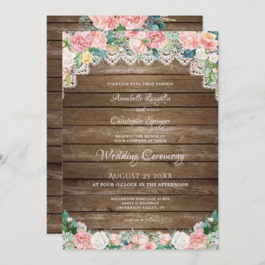 Rustiek hout Blush roze bloemig en kant bruiloft Kaart (Voorkant / Achterkant)