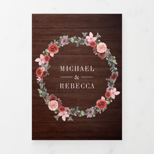 Rustiek hout blush roze bordeaux bloemenbruiloft drieluik uitnodiging (Cover)