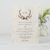 Rustiek Hout Boho Antlers Monogram Huwelijk Kaart (Staand voorkant)