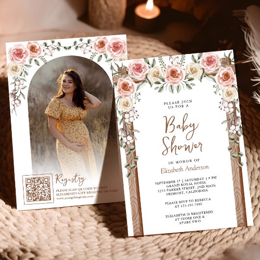Rustiek Hout Boho Bloemen Foto Canopy Baby shower Kaart