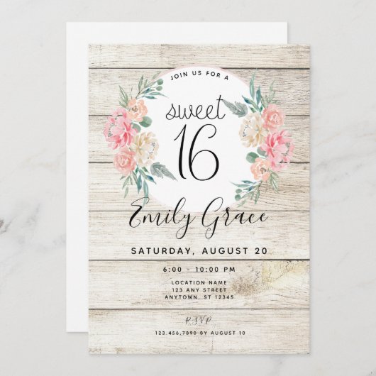 Rustiek Hout Boho Bloemen Zoet 16 Verjaardag Invit Kaart (Voorkant / Achterkant)