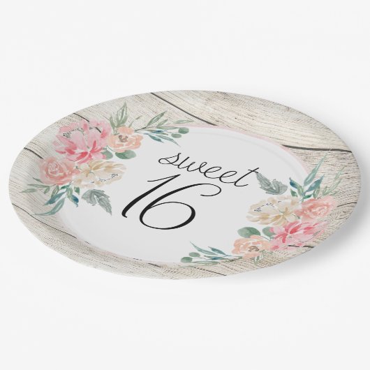 Rustiek Hout Boho Bloemen Zoet 16 Verjaardag Papieren Bordje (Gekanteld)