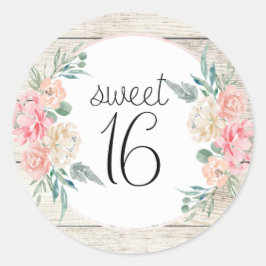 Rustiek Hout Boho Bloemen Zoet 16 Verjaardag Ronde Sticker