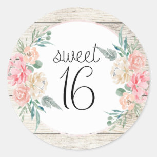 Rustiek Hout Boho Bloemen Zoet 16 Verjaardag Ronde Sticker