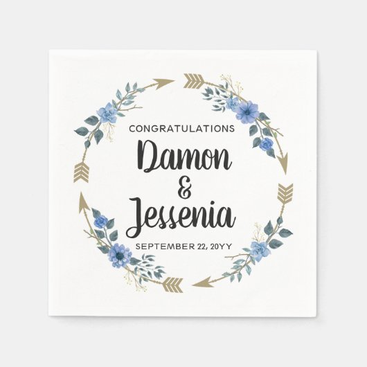 Rustiek hout Boho pijlen & blauwe bloemenbruiloft Servet (Voorkant)