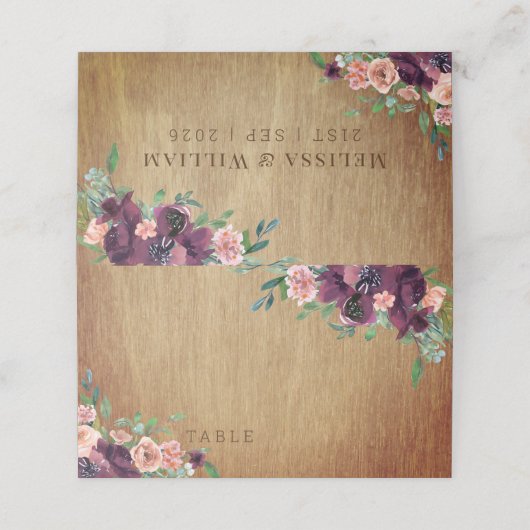 Rustiek hout bordeaux bloesem bruiloft plaatskaartje (Buitenkant ongevouwen)