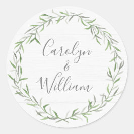 Rustiek hout & Botanische bladeren Bruiloft Statio Ronde Sticker