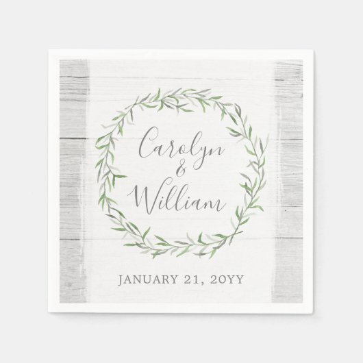 Rustiek hout & botanische bladeren krans bruiloft servetten (Voorkant)
